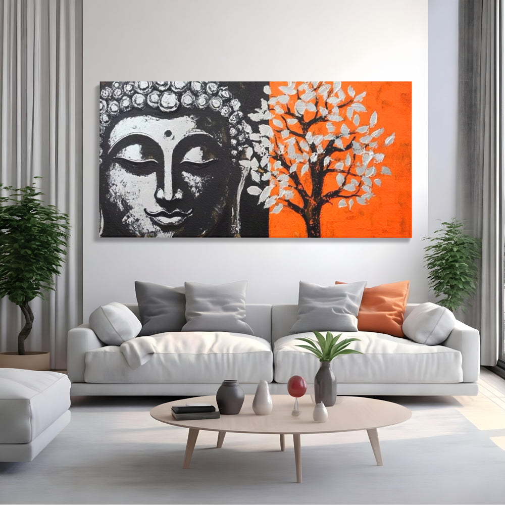Tablou canvas cu tablou canvas cu capul lui buddha si un copac, fara rama, pe sasiu de lemn, pe perete intr-un living